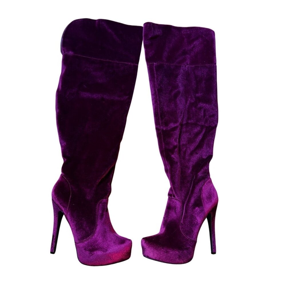 Platform‎ Burgundy Velvet Over The Knee High Heel Boots Size 9.5 Goth Sexy Vamp